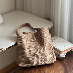 Sac à bandoulière en toile pour femme, petit sac à bandoulière avec texture tissée à motifs, couleur camel, fermeture éclair simple, sac de shopping - Product Image 3