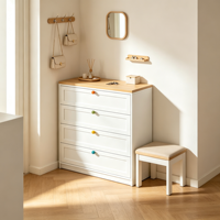 Commode autoportante moderne en acier à 4 tiroirs, plateau blanc, poignées colorées, meuble de rangement durable pour chambre, salon, appartement