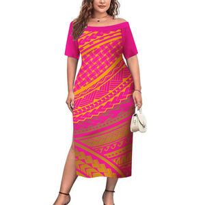 Nuovo commercio all'ingrosso personalizza marrone marrone marrone Tonga tribale stampato con spalle scoperte abiti da festa con spacco taglie forti abbigliamento da donna - Product Image 3