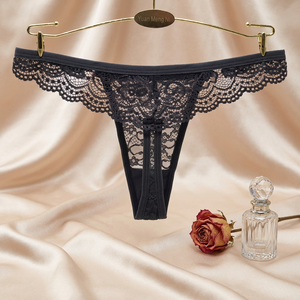 Tanga de nailon fino con encaje floral gris para mujer, diseño hueco, tiro bajo, sexy, lencería, bragas transpirables teñidas lisas OEM ODM - Product Image 3