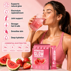 Poudre d'électrolytes hydratante OEM Fraise Pastèque au <span class=keywords><strong>collagène</strong></span>, <span class=keywords><strong>acide</strong></span> <span class=keywords><strong>hyaluronique</strong></span> et vitamine C pour une peau éclatante – Sachets de boisson beauté - Product Image 4