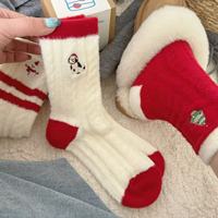 Chaussettes en polaire corail pour femmes, épaisses et doublées, thermiques, rouges de Noël, brodées, confortables pour dormir, en polaire duveteuse, vente en gros