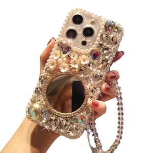 Étui de téléphone de luxe en perles et strass pour <span class=keywords><strong>Samsung</strong></span> S25 S24 S23 S22 Ultra avec miroir intégré et chaîne en cristal détachable - Product Image 1