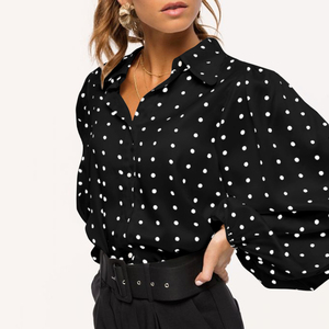 Chemises blanches pour femmes Printemps Automne Dot Fashion Blouses Button Loose Long Lantern Sleeve Lapel Elegant Office Tops Femme - Product Image 1