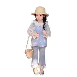 Girls Spring Outfit Blue Knit Vest White Ruffle Shirt Jeans Set Cotton Children's Clothing - Product Image 5