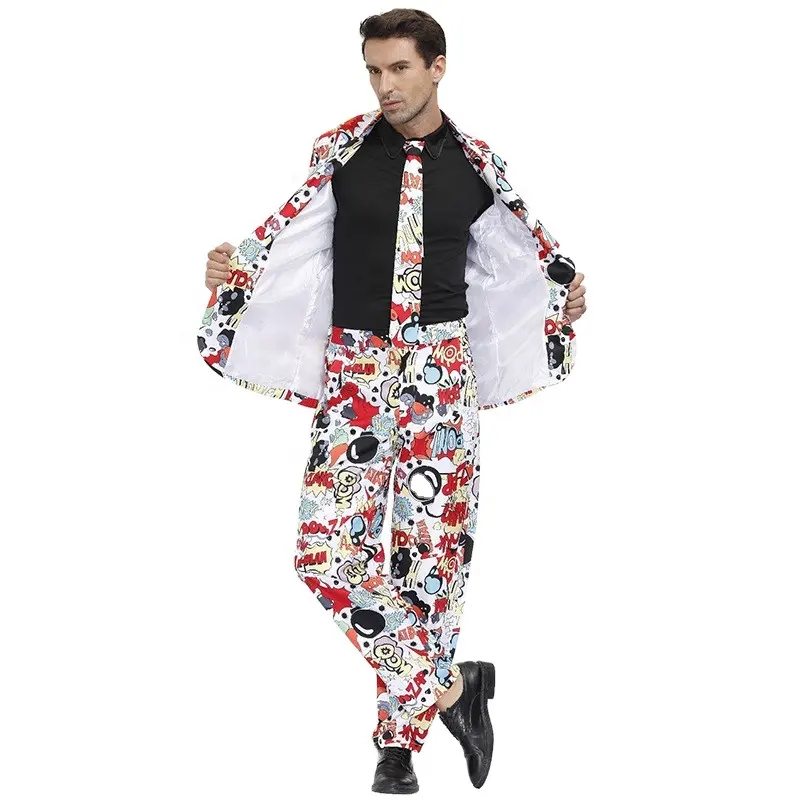 2020 New Design Men's Holiday Party Clown Costume Disco Surprise Bomb Print Christmas Party Suit