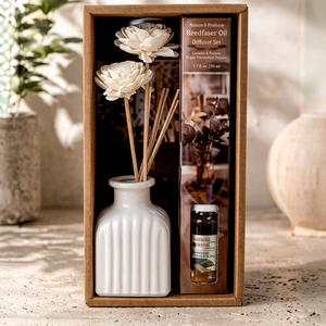Nature & Prollore Reed <b>Diffuser</b> Set <b>Ceramic</b> Vase with Flower Tops 1.7 oz Camomile & Promex Scented Oil Modern Home Decor - Product Image 1