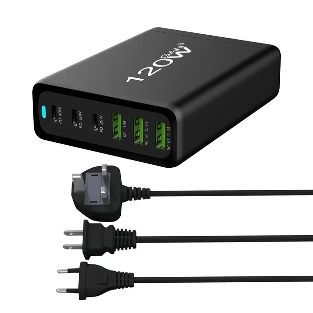 120W Adapter 6 Ports USB Type C PD Fast Charging Quick Charge 3.0 USB-C Desktop GaN Charger for iPhone 15/14 Pro/Xiaomi/Samsung