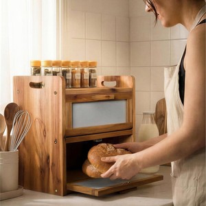 Caja de pan de madera para interiores y exteriores, caja de almacenamiento de aperitivos de gran capacidad de doble capa, caja de almacenamiento de alimentos de madera para cocina y sala de estar - Product Image 4