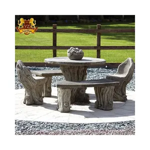 Custom Hand Carved Stone Granite Tree Shaped Table And Bench Set Garden Outdoor Stone Tables And Benches