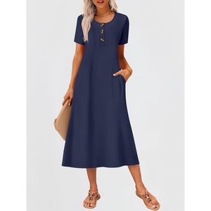 FOXA Robe mi-longue d'été pour femme, manches courtes, boutonnée, col rond, décontractée, pour vacances à la plage, ample, avec poches - Product Image 2