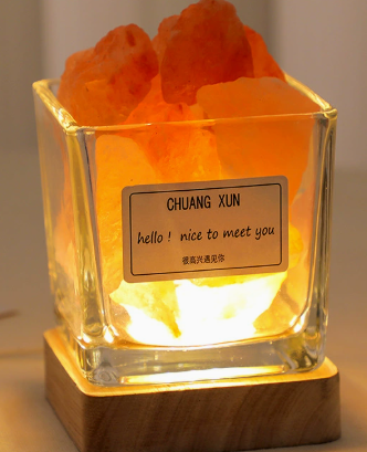 Gobelet carré 6cm + cristal de sel orange + socle lumineux