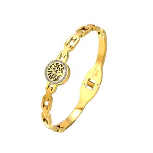 Opening Tarnish Free Gold Plated Life Tree Watch Belt Micro Set Cubic Zirconia Titanium Stainless Steel Fashion Jewelry Bangles