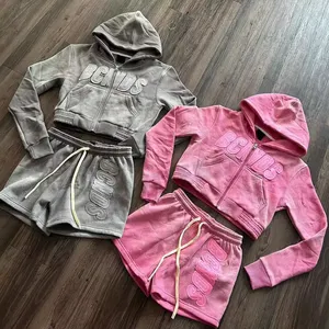 Two Piece Women Clothes Cotton Fitted Zipper Shon Tracksuit For Womens Embroidery Patch Swersuits Cropped Hoodie And Shorts Sets