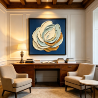 Lukisan Dinding 3D Motif Bunga Biru Dongker dengan Bingkai, Warna Sage Ivory Ochre, Dekorasi Abstrak Bunga untuk Resort, Suite, Galeri, Ruang Tamu