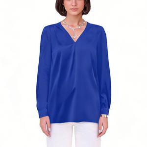 Women's Satin V-Neck Blouse Long Puff Sleeve Casual Office <b>Top</b> Shirt Fashion - Product Image 6