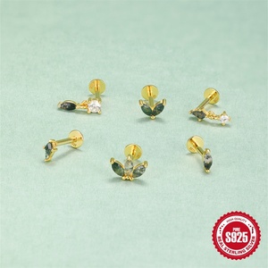 Gaby Piercing Jewelry S925 Sterling Silver Flat Stud <strong>Earrings</strong> Natural Stone Aquatic Agate Ear Bone Nail <strong>Daith</strong> Cartilage <strong>Earring</strong> - Product Image 4