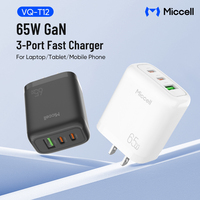 Chargeur mural Miccell 65W Type-C USB-C PD 3.0 à charge rapide 2 ports pour les voyages et l'utilisation à domicile