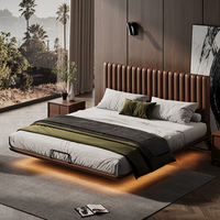 Lit double flottant minimaliste en cuir ultra-fin de style italien haut de gamme avec tête de lit pour chambre à coucher, design complet pour aménagement de chambre.
