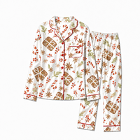 Ensemble de pyjama personnalisé pour femme en polyester, motif canne à sucre aquarelle blanche de Noël, col cranté en satin, taille élastique, respirant, POD