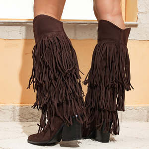 Bottes hautes pour femmes d'automne et d'hiver, longues et décontractées, avec des glands pointus et des talons épais, talons hauts - Product Image 6