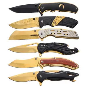 Newly Designed Gold Titanium Blade Hunting Folding Camping Pocket Knife With 6 Handles Options