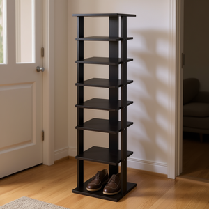 Scarpiera Verticale a 7 Livelli in Legno Nera, Design Moderno, Autoportante per Ingresso, Arredamento Casa - Product Image 2