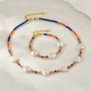 ชุดเครื่องประดับแฟชั่นสำหรับผู้หญิงแนวโบฮีเมียนยอดนิยมพร้อมสร้อยคอ/สร้อยข้อมือหินธรรมชาติและไข่มุกน้ำจืดสำหรับออกนอกบ้าน - Product Image 1