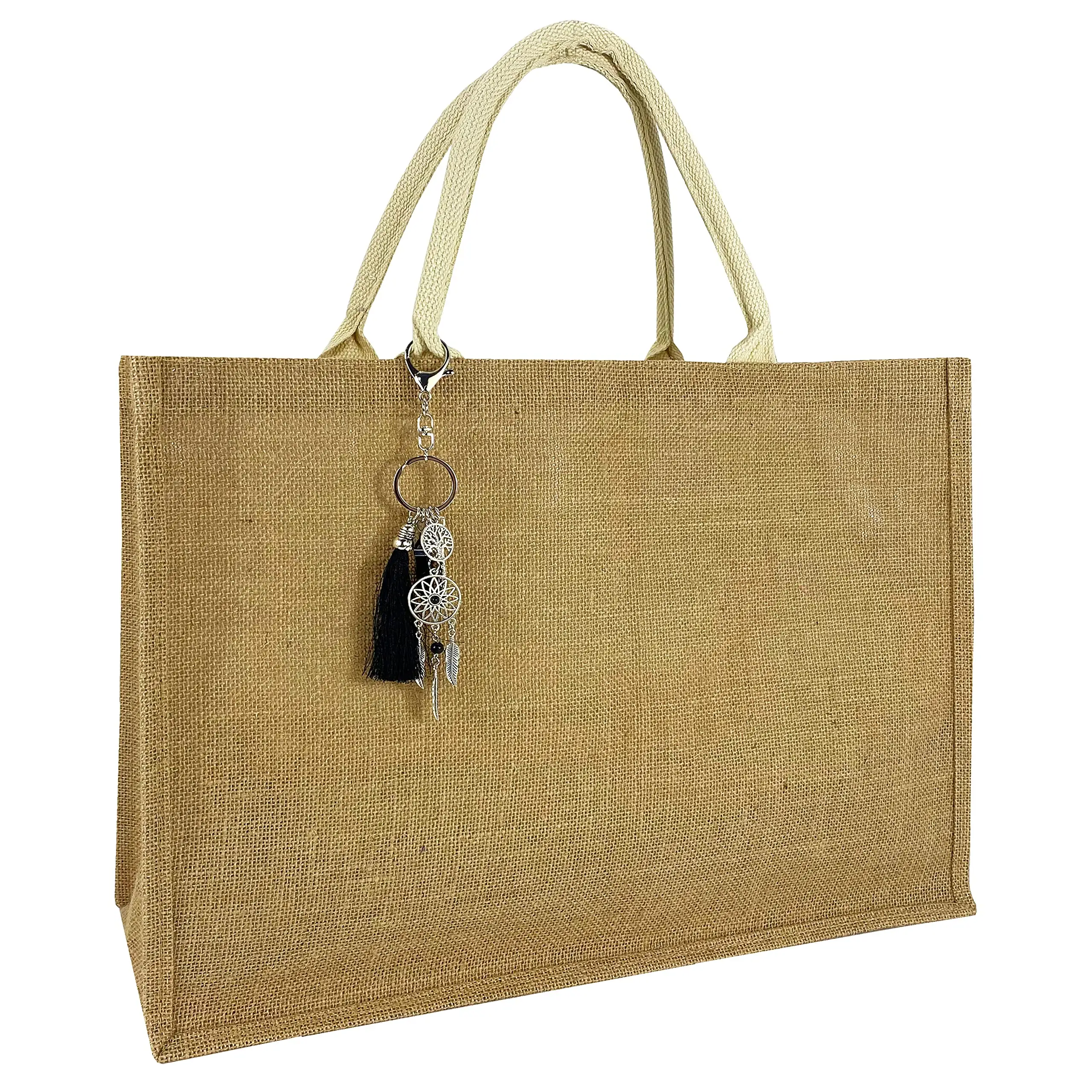 Hibala Jute Large Beach Bag Straw Beach Tote Handmade Weaving Shoulder Bag Tassel Bag Classic Style