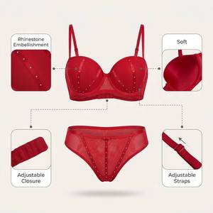 Ensemble de lingerie féminine Deep Love avec soutien-gorge balconnet à armatures orné de strass et culotte - Product Image 5