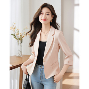 Women's Apricot Colored Summer Thin Blazer 3/4 Sleeve Solid Color Breathable Polyester Women's Blazers - Product Image 3