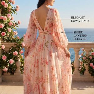 Elegante Abito <span class=keywords><strong>Lungo</strong></span> in Chiffon <span class=keywords><strong>Rosa</strong></span> con Stampa Floreale, Scollo a V, Maniche Lunghe, Vita Morbida, Lunghezza al Pavimento, Sexy e Casual per Uso Quotidiano - Product Image 3
