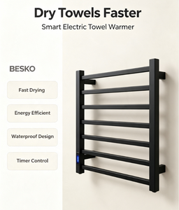 Sèche-serviettes électrique mural BESKO <span class=keywords><strong>noir</strong></span> <span class=keywords><strong>mat</strong></span> en acier inoxydable intelligent avec minuterie et contrôle de la température - Product Image 2