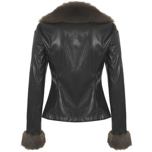 Veste en cuir PU à col en fourrure, col en V, taille cintrée, manches longues, veste de moto d'hiver, veste de rue noire - Product Image 2