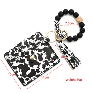 Food Grade Silicone Beads Bracelet Keychain Ring With Wood Bead And Wallet Women's Bangle With Tassel Purse
