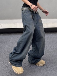 Hip Hop Erkek Rahat Eskitme Efektli Bol Paça Geniş Bacak Kot Pantolon Yıkanmış Düz Paça Kot Erkek Kot Pantolonu - Product Image 4