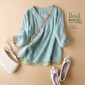 Women's Chinese Style Cotton <b>Linen</b> <b>Top</b> V-Neck Embroidery Three Quarter Sleeve Loose Fit Breathable Summer T-Shirt - Product Image 3