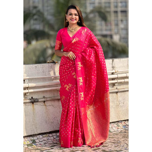 Sari en soie rose douce tissé double Zari Elite Weaves avec bordure motif cerf – Robes de soirée élégantes - Product Image 5