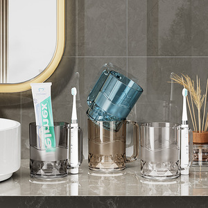 Gobelet moderne de luxe en plastique PET pour bain de bouche, porte-brosse à dents avec poignée, gobelet transparent gris pour salle de bain, hôtel, dortoir étudiant - Product Image 3