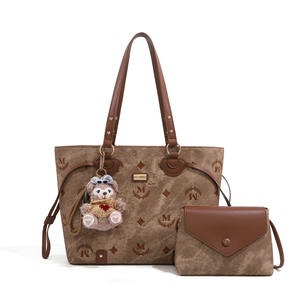 Sac fourre-tout double vintage brodé en PU, grande capacité, sac à bandoulière décontracté avec fermeture éclair - Product Image 1