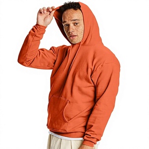 Men's <b>Orange</b> Hooded Pullover Sweatshirt Oversized Fit <b>Fleece</b> Casual Solid Color Knitted Hoodie Pocket Design - Product Image 1