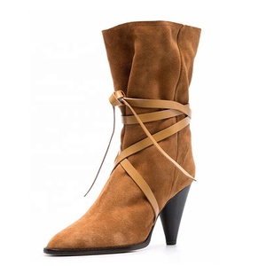 <b>Top</b> Quality Soft Suede Ankle Short Boots Ladies Daily Shoes Spike High Heels Women's Boots <b>Cross</b> Ropes Pointy Toe - Product Image 1