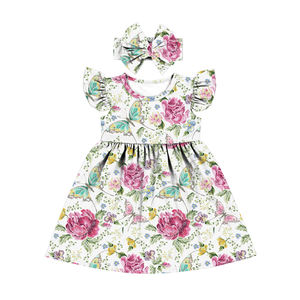 Robe florale marine pas chère pour fille, robe de princesse pour enfants, robe à volants et manches évasées, robe de fête d'été pour jeunes filles - Product Image 4