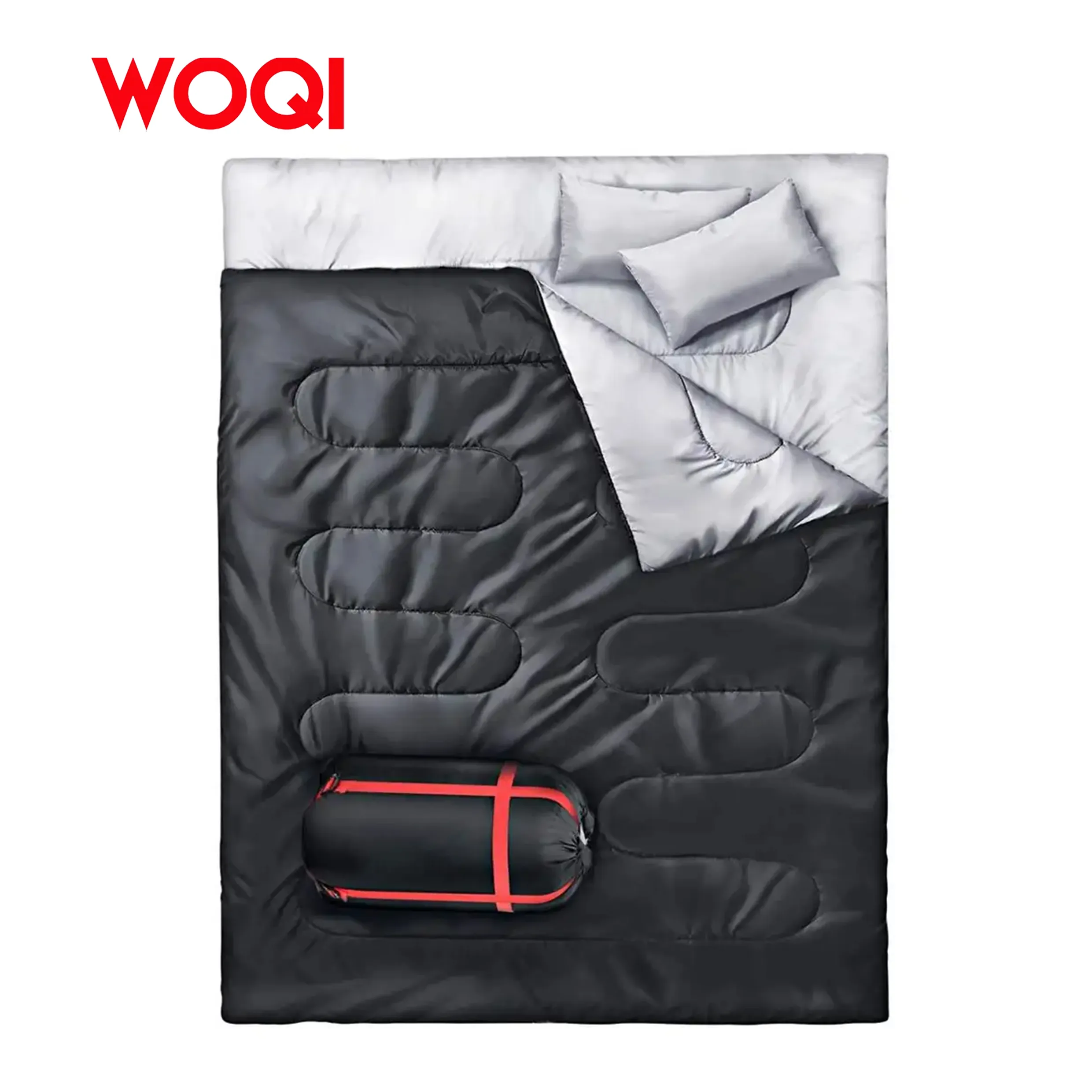 WOQI Sac de couchage pour adulte, imperméable et léger pour 2 personnes, double sac de couchage de camping pour sac à dos, randonnée avec 2 oreillers