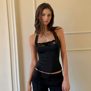 2026 New Women's Black Lace Halter Neck <b>Top</b> with Back Tie Slim Fit Sexy Summer Camisole for Party or Daily Wear - Product Image 2
