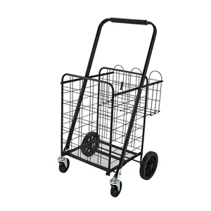 Custom logo portable foldable supermarket trolley large capacity shopping cart with rear basket for groceries