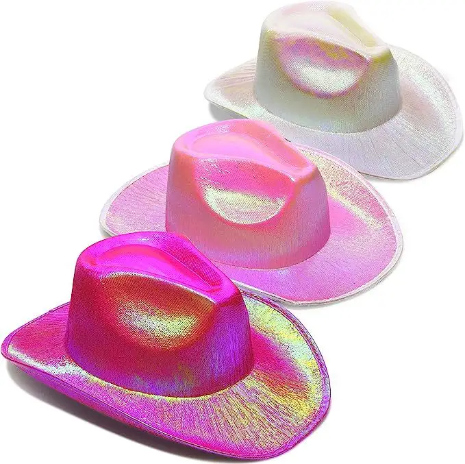 Venta caliente Neon Sparkly Glitter Space Cowboy Hat - Fun Metallic Holographic Party Disco Cowgirl Hat