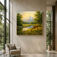 Peinture à l'huile peinte à la main : Paysage de montagne enneigée avec cerf au ruisseau, faon buvant de l'eau, lever de soleil doré, prairie fleurie - Art mural