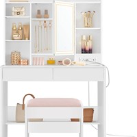 Coiffeuse LED moderne avec miroir, ensemble de table de maquillage de luxe avec étagères de rangement et tiroirs pour chambre à coucher