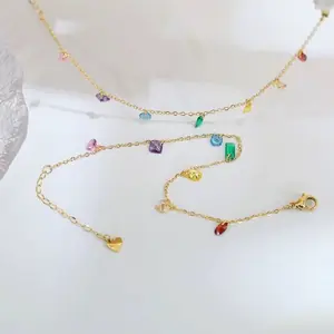 Newest Gold Cuban Chain Colorful Cz Charm Bracelet Anklet Set Non Tarnish Stainless Steel Rainbow Color Zircon Jewelry Set